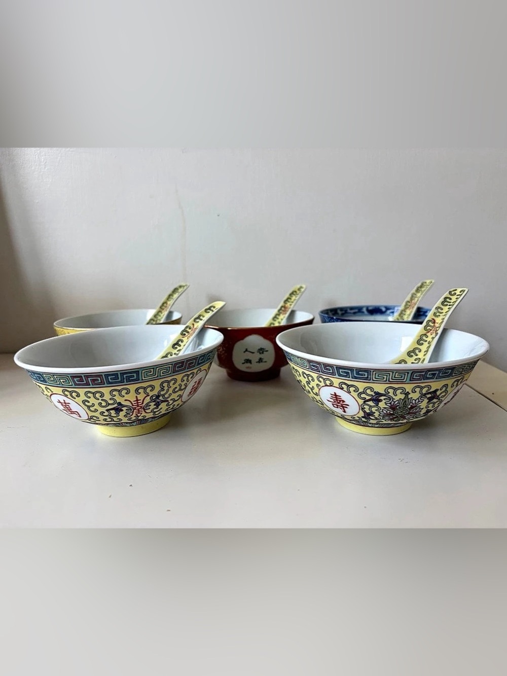 Vintage 5" Chinese Mun Shou Longevity Porcelain Bowls & 4.5” Bowls & spoons